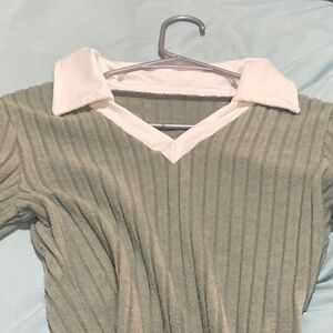 Green Ribbed V-Neck Sweater with White Collar